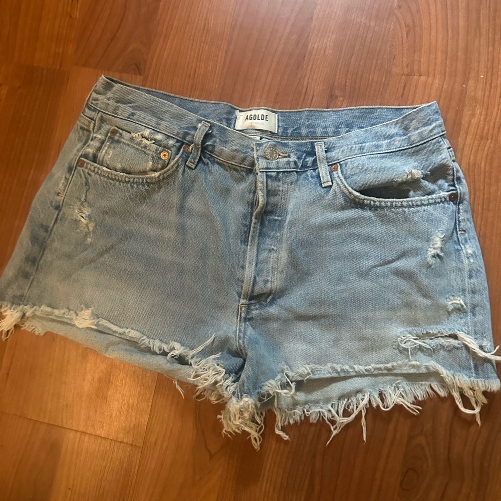 Agolde Light Blue Frayed Hem Jean Shorts